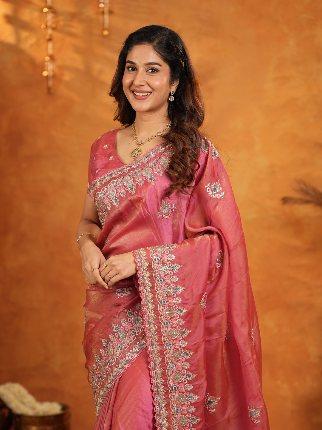 Dusty Rose Pink Fendy Satin Embroidered Saree with Heavy Floral Border & Designer Pallu | Elegant Festive Wear Saree with Embroidered Blouse