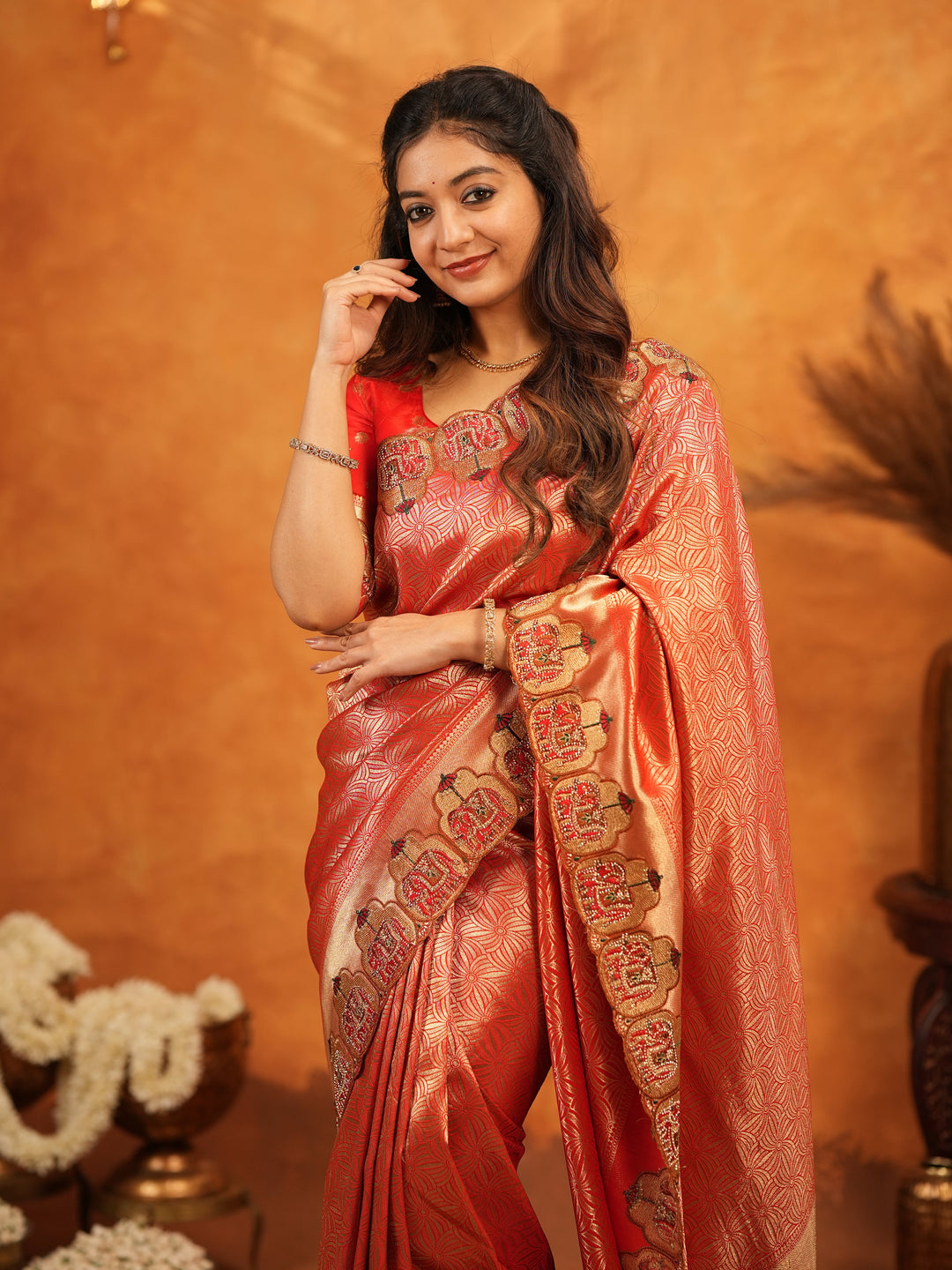 Tomato Red Banarasi Silk Saree with Rich Zari Weaving & Designer Embroidered Border | Elegant Wedding & Festive Wear Saree with Blouse & Tassels