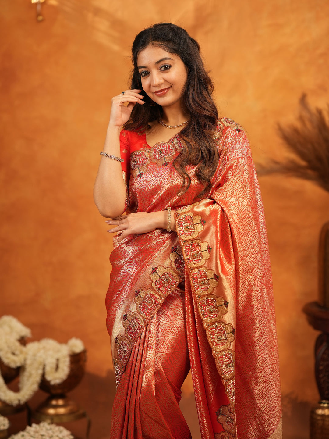 Tomato Red Banarasi Silk Saree with Rich Zari Weaving & Designer Embroidered Border | Elegant Wedding & Festive Wear Saree with Blouse & Tassels