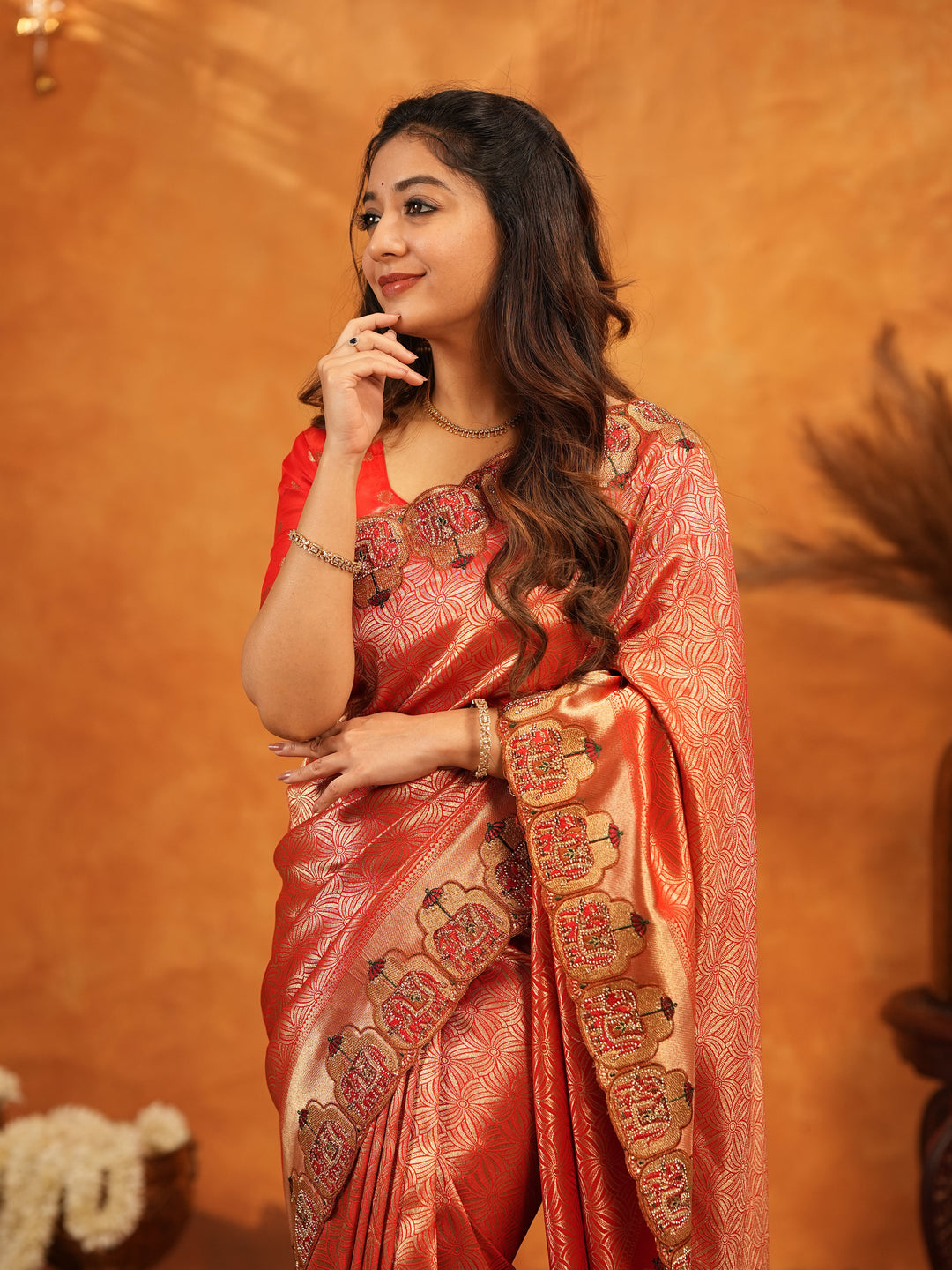 Tomato Red Banarasi Silk Saree with Rich Zari Weaving & Designer Embroidered Border | Elegant Wedding & Festive Wear Saree with Blouse & Tassels