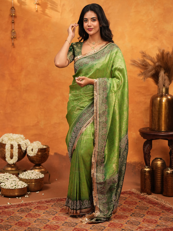 Emerald Green Banarasi Silk Saree with Intricate Zari Border & Rich Woven Pallu | Designer Festive & Wedding Wear Saree