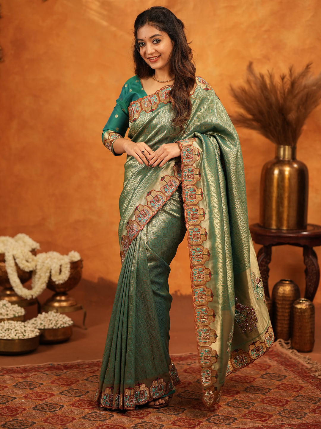 Bottle Green Banarasi Silk Saree with All-Over Zari Weaving & Designer Embroidered Border | Premium Wedding & Festive Wear Saree with Blouse & Tassels