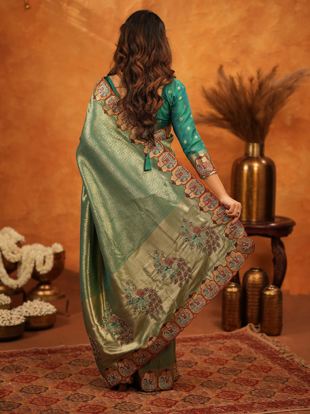 Bottle Green Banarasi Silk Saree with All-Over Zari Weaving & Designer Embroidered Border | Premium Wedding & Festive Wear Saree with Blouse & Tassels