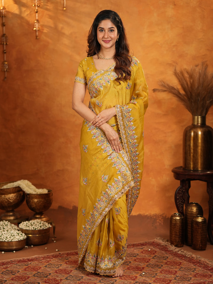 Mustard Yellow Fendy Satin Embroidered Saree with Heavy Floral Border & Designer Pallu | Festive Wedding Wear Saree with Embroidered Blouse