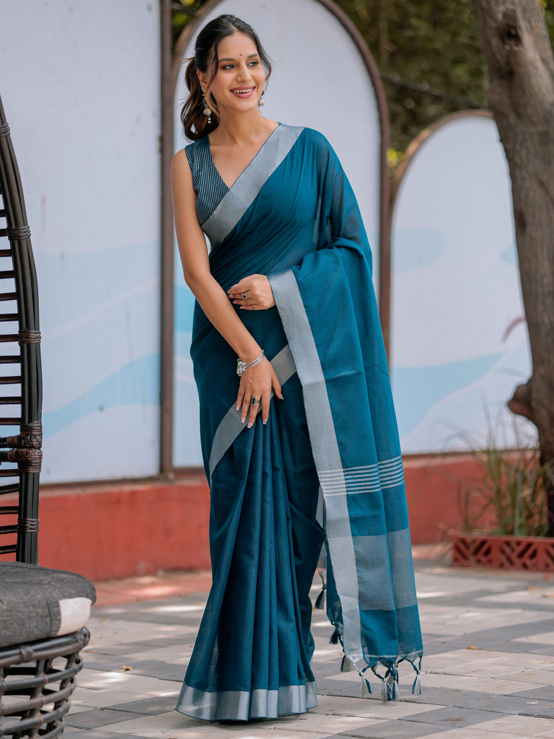 Elegant Teal Blue Pure Handloom Cotton Saree with Silver Border & Tassel Detailing
