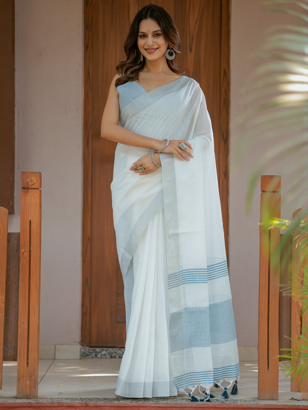 Pure White & Sky Blue Handloom Cotton Saree with Minimal Striped Border & Tassel Detailing