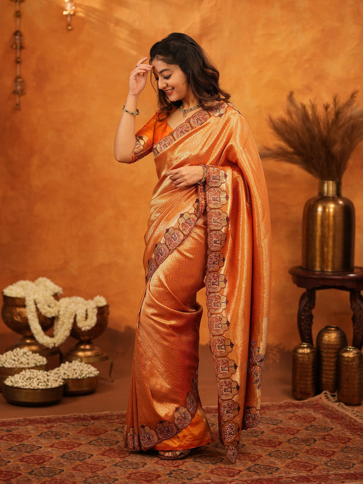 Rust Orange Banarasi Silk Saree with All-Over Zari Weaving & Designer Embroidered Border | Festive Wedding Wear Saree with Blouse & Tassels