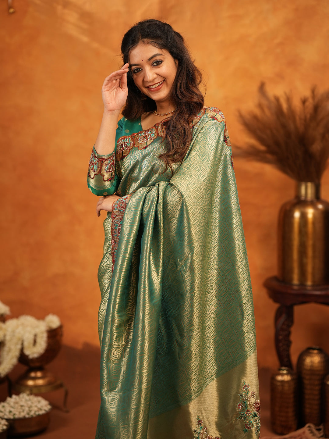 Bottle Green Banarasi Silk Saree with All-Over Zari Weaving & Designer Embroidered Border | Premium Wedding & Festive Wear Saree with Blouse & Tassels