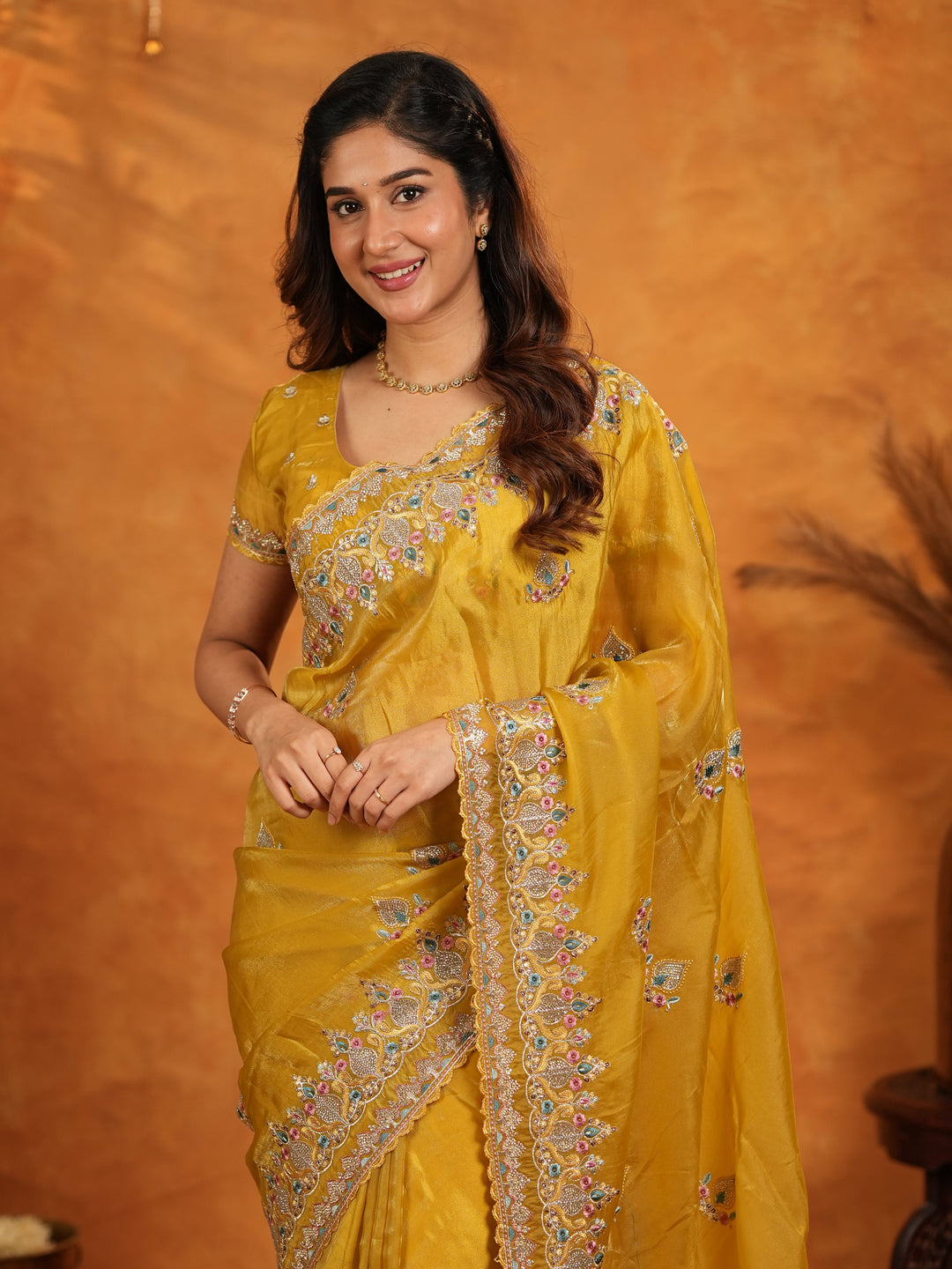 Mustard Yellow Fendy Satin Embroidered Saree with Heavy Floral Border & Designer Pallu | Festive Wedding Wear Saree with Embroidered Blouse