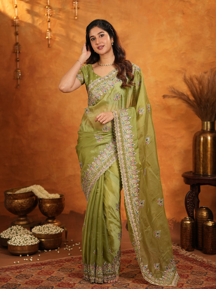 Olive Green Fendy Satin Embroidered Saree with Heavy Floral Border & Designer Pallu | Elegant Festive Wear Saree with Embroidered Blouse