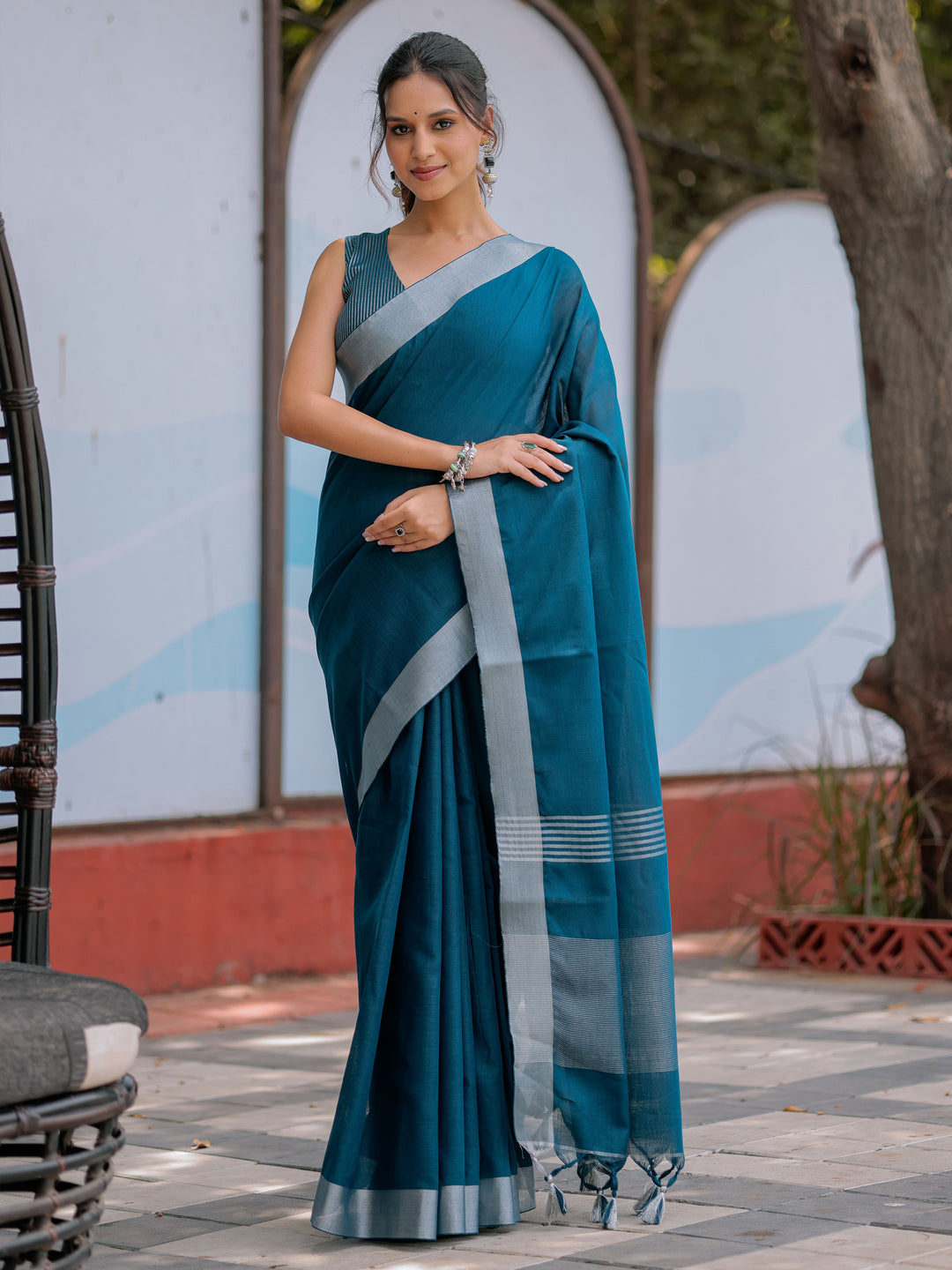 Elegant Teal Blue Pure Handloom Cotton Saree with Silver Border & Tassel Detailing