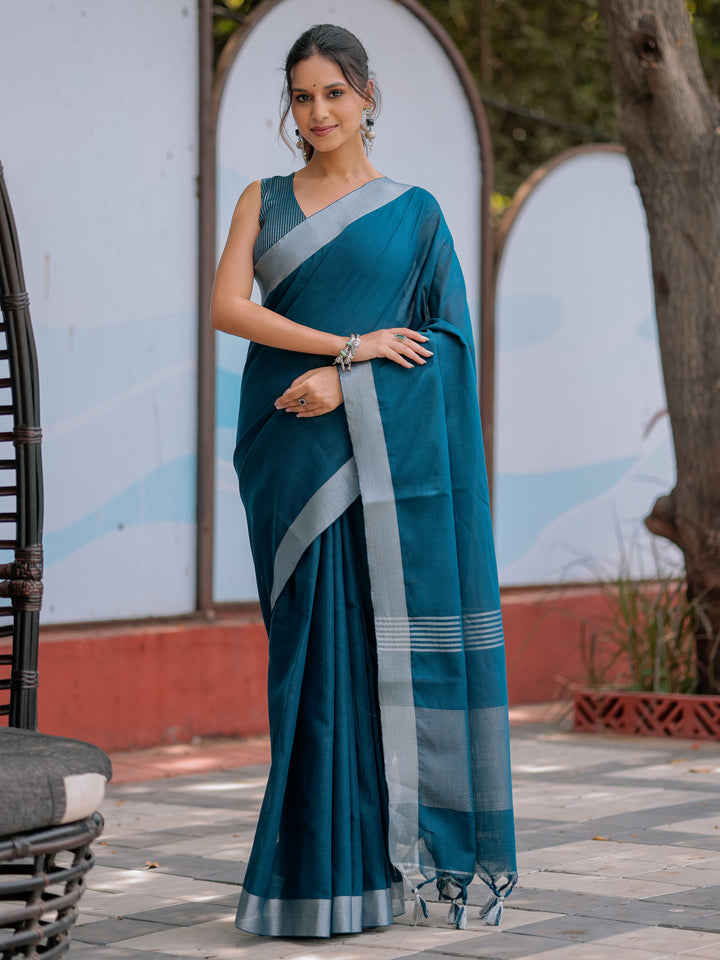 Elegant Teal Blue Pure Handloom Cotton Saree with Silver Border & Tassel Detailing