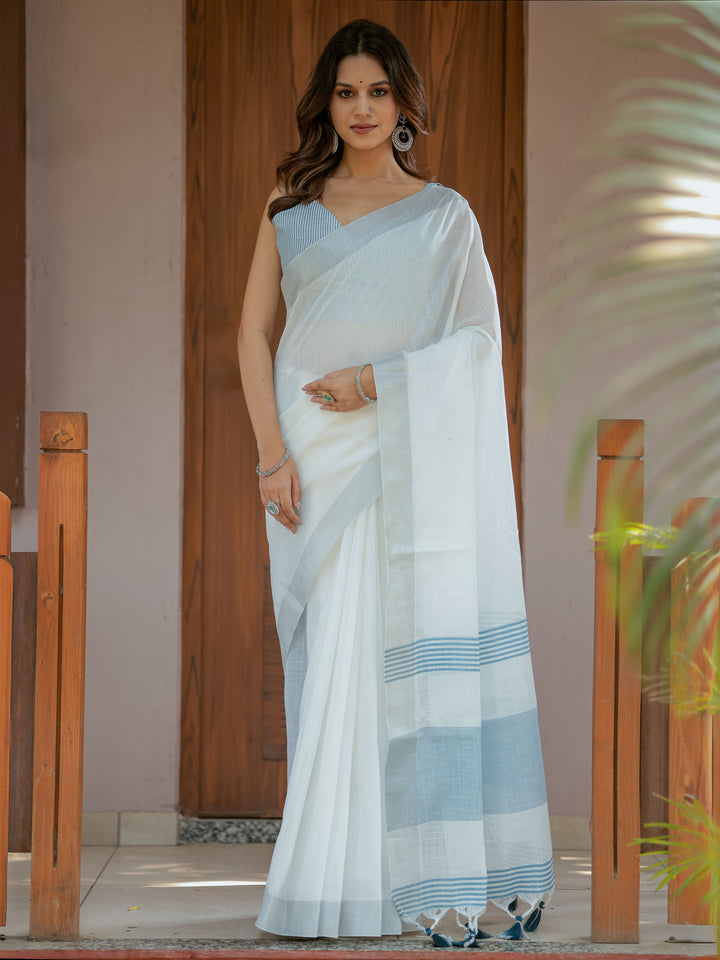 Pure White & Sky Blue Handloom Cotton Saree with Minimal Striped Border & Tassel Detailing