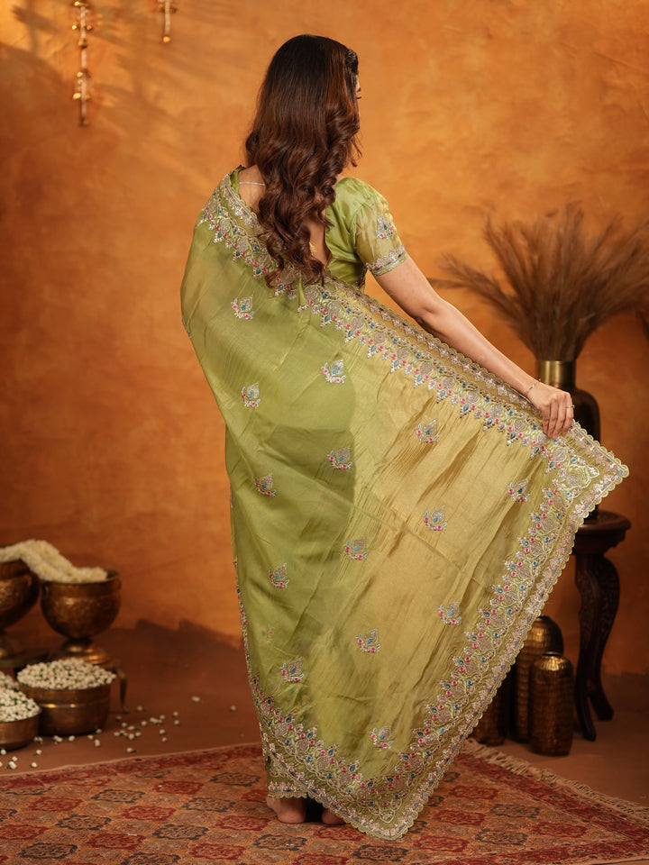 Olive Green Fendy Satin Embroidered Saree with Heavy Floral Border & Designer Pallu | Elegant Festive Wear Saree with Embroidered Blouse