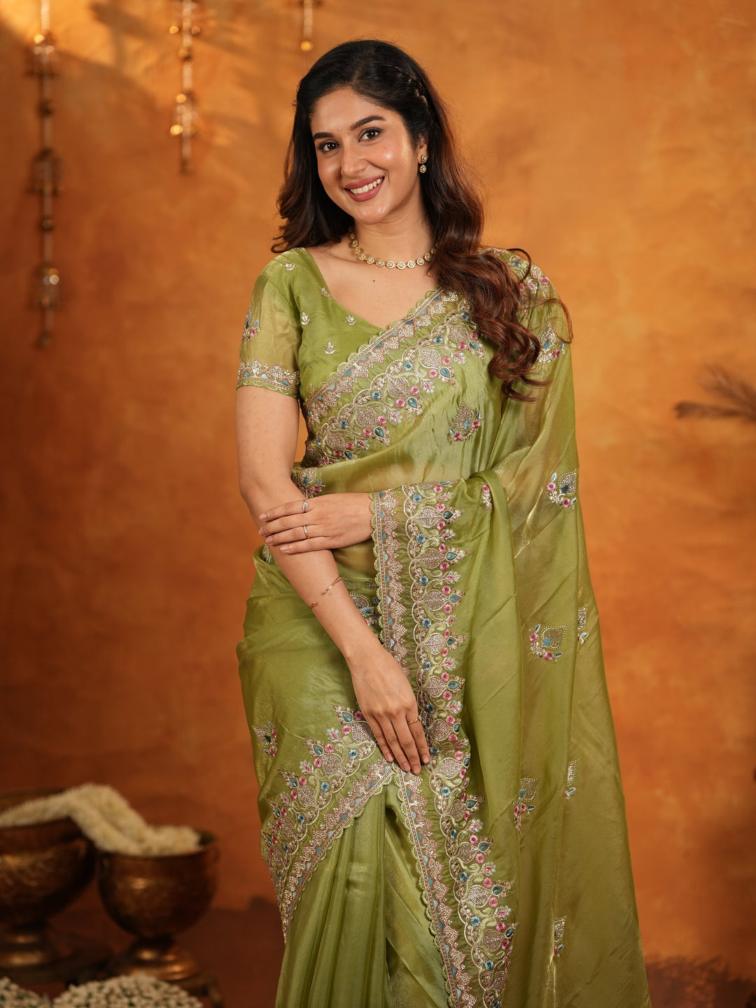Olive Green Fendy Satin Embroidered Saree with Heavy Floral Border & Designer Pallu | Elegant Festive Wear Saree with Embroidered Blouse