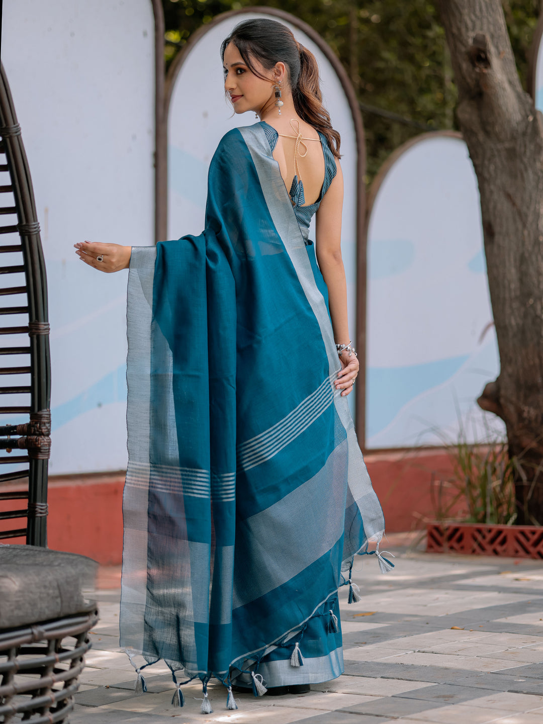 Elegant Teal Blue Pure Handloom Cotton Saree with Silver Border & Tassel Detailing