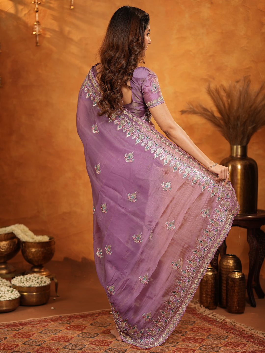 Lavender Purple Fendy Satin Embroidered Saree with Heavy Floral Border & Designer Pallu | Elegant Party Wear Saree with Embroidered Blouse