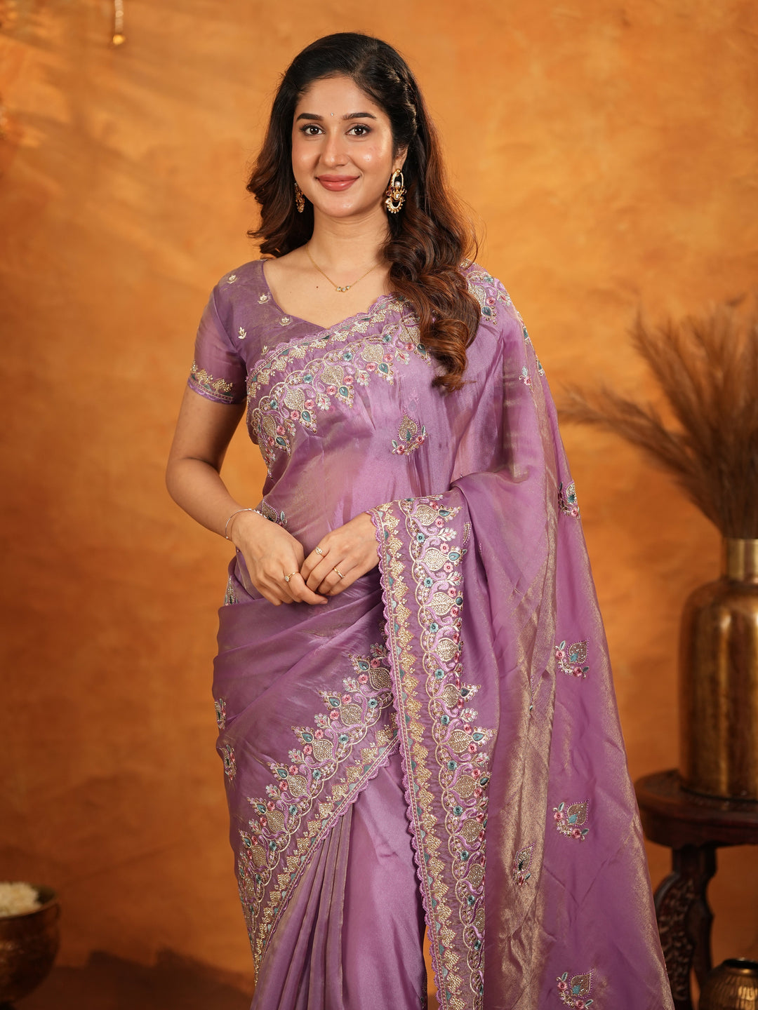 Lavender Purple Fendy Satin Embroidered Saree with Heavy Floral Border & Designer Pallu | Elegant Party Wear Saree with Embroidered Blouse