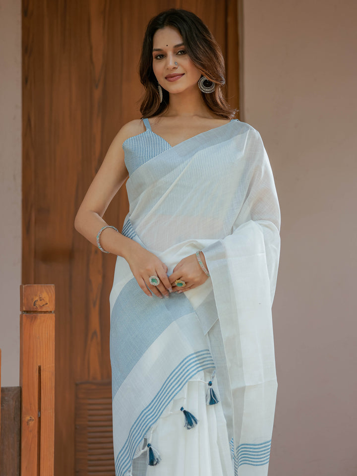Pure White & Sky Blue Handloom Cotton Saree with Minimal Striped Border & Tassel Detailing