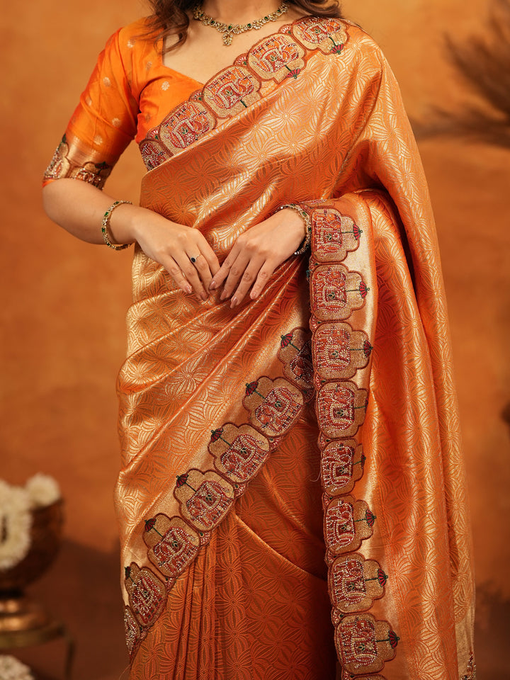 Rust Orange Banarasi Silk Saree with All-Over Zari Weaving & Designer Embroidered Border | Festive Wedding Wear Saree with Blouse & Tassels