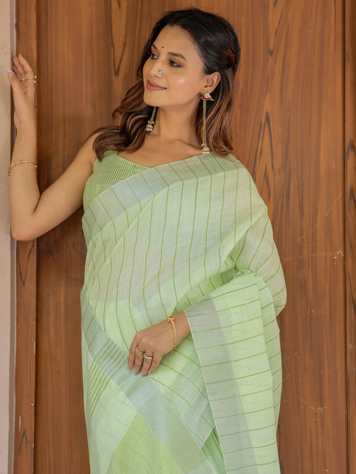 Mint Green Pure Handloom Cotton Saree with Striped Weaving & Tassel Detailing
