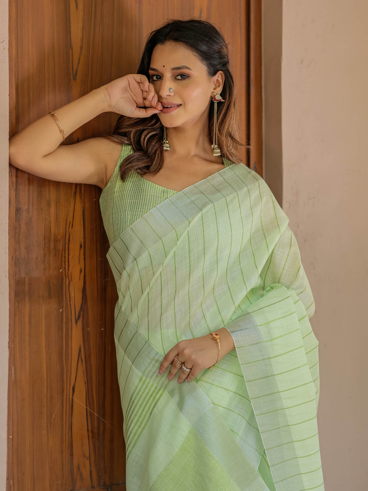 Mint Green Pure Handloom Cotton Saree with Striped Weaving & Tassel Detailing
