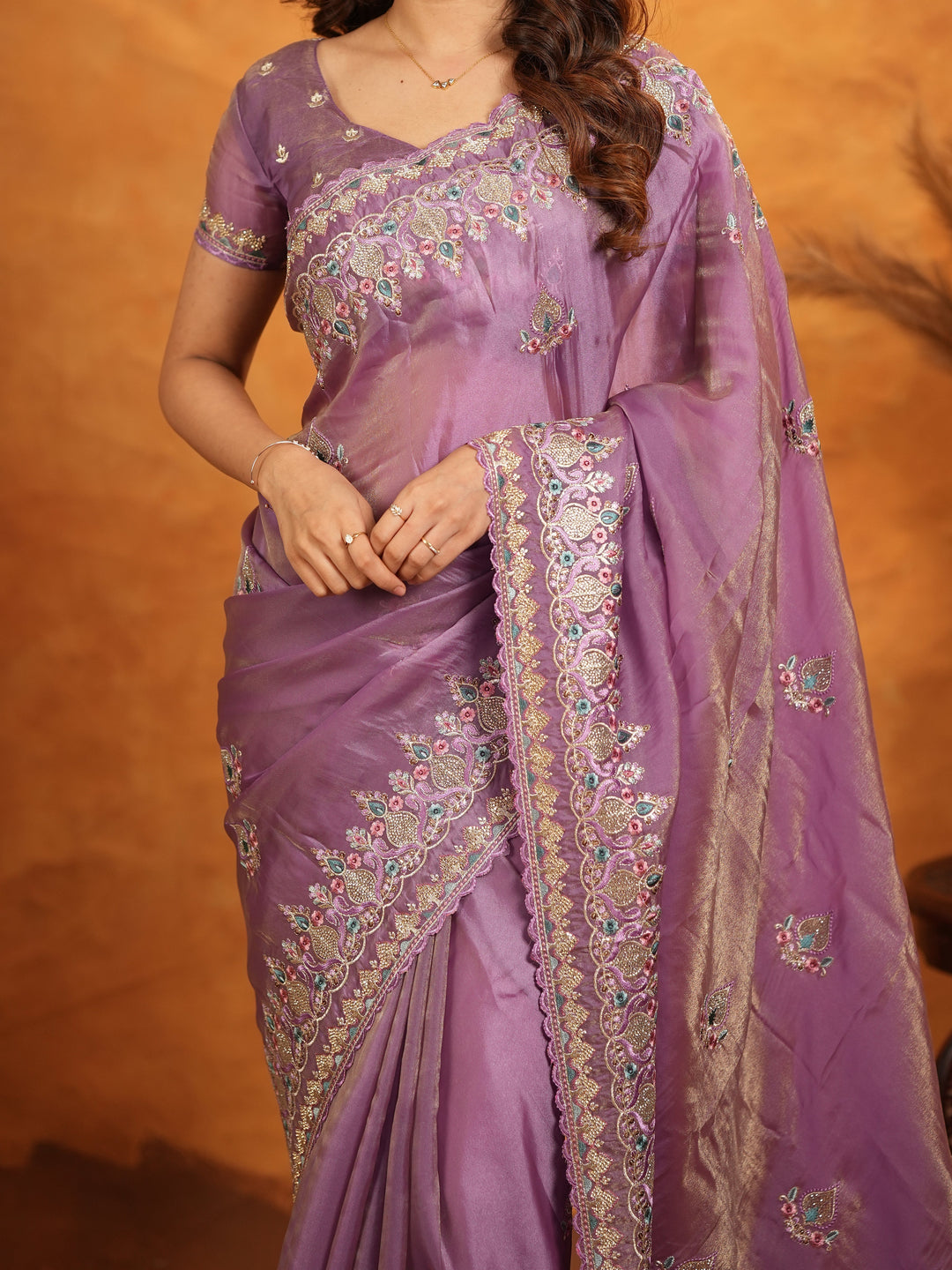 Lavender Purple Fendy Satin Embroidered Saree with Heavy Floral Border & Designer Pallu | Elegant Party Wear Saree with Embroidered Blouse