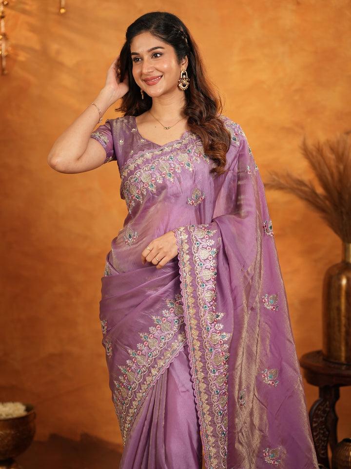 Lavender Purple Fendy Satin Embroidered Saree with Heavy Floral Border & Designer Pallu | Elegant Party Wear Saree with Embroidered Blouse