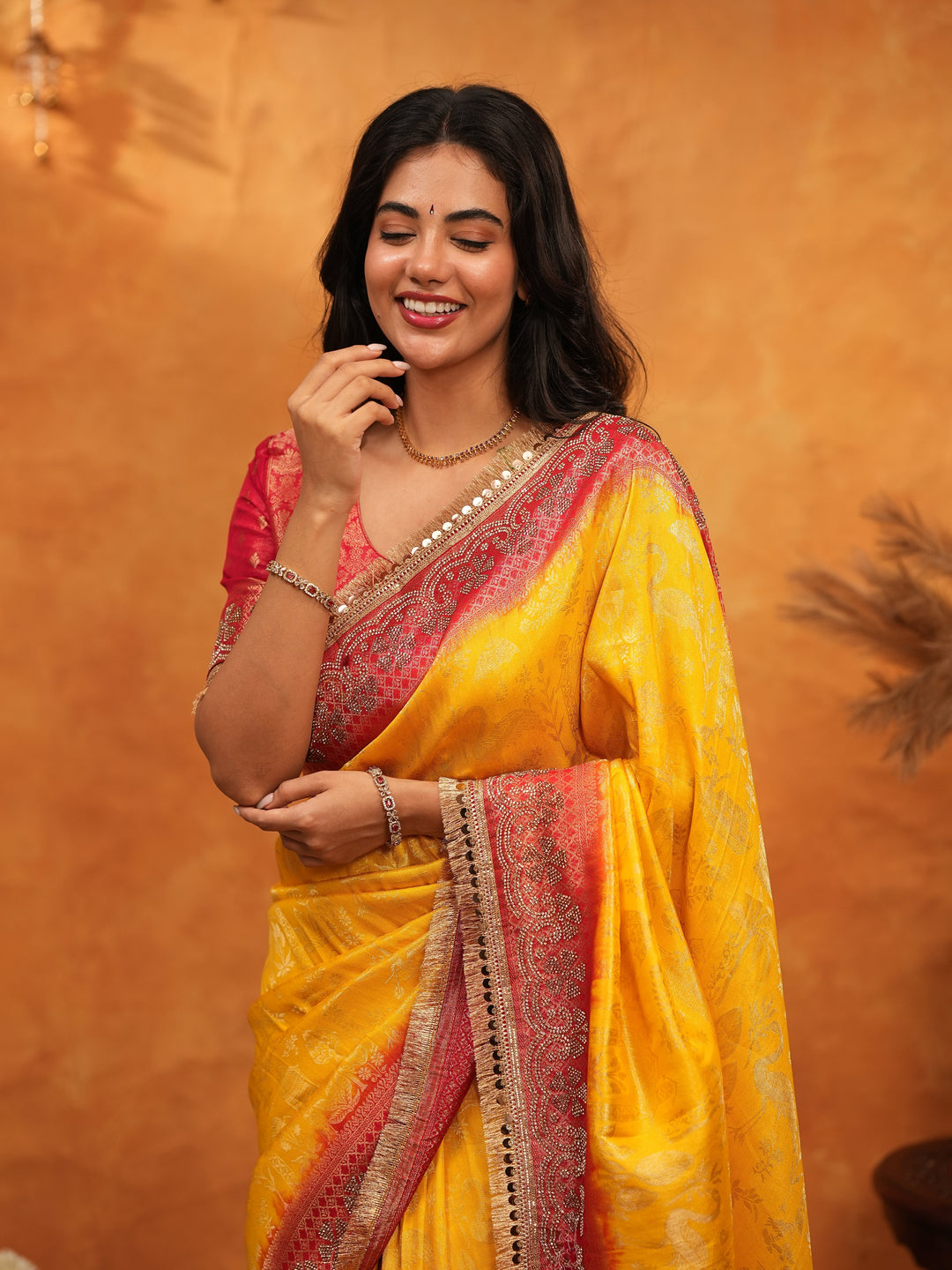 Sunshine Yellow & Red Banarasi Silk Saree with Rich Zari Border & Contrast Pallu | Designer Festive & Wedding Wear Saree