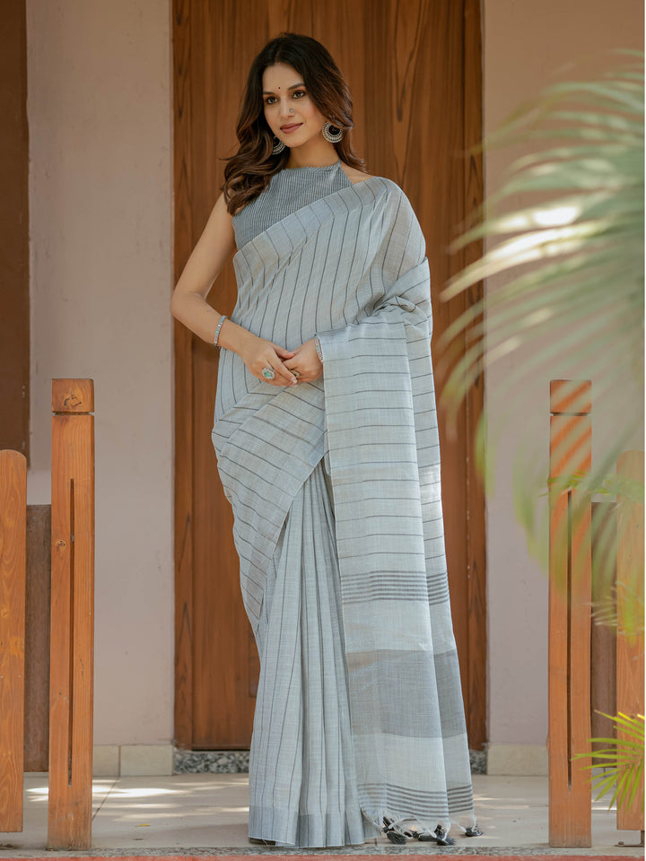 Elegant Ash Grey Handloom Cotton Saree with Minimal Striped Weaving & Tassel Detailing