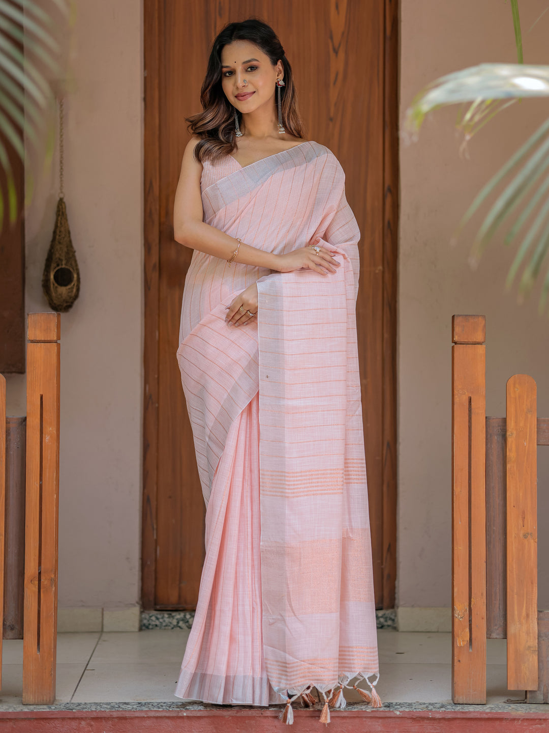 Soft Baby Pink Handloom Cotton Saree with Silver Border & Tassel Detailing
