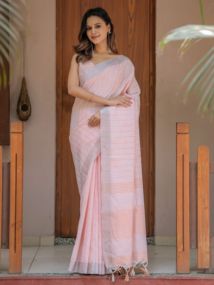 Soft Baby Pink Handloom Cotton Saree with Silver Border & Tassel Detailing