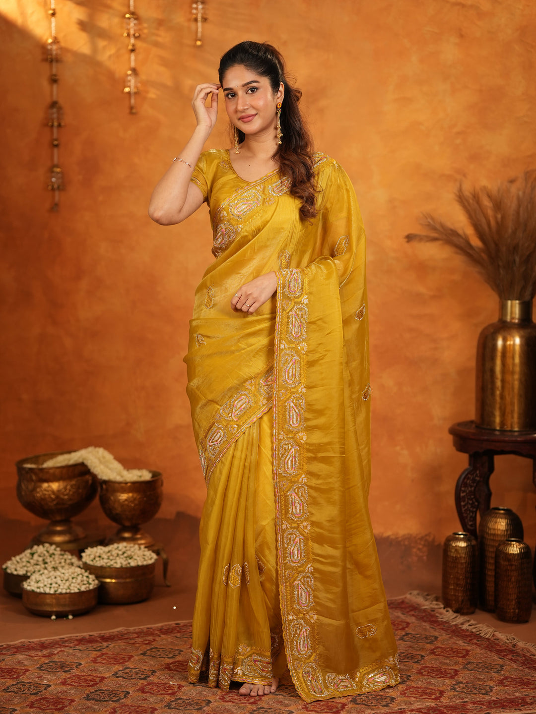 Mustard Yellow Fendy Satin Embroidered Saree with Geometric Border & Rich Designer Pallu | Festive Wedding Wear Saree with Blouse