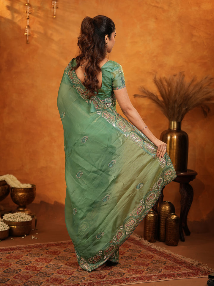 Sage Green Fendy Satin Embroidered Saree with Geometric Border & Designer Pallu | Elegant Festive & Wedding Wear Saree with Blouse