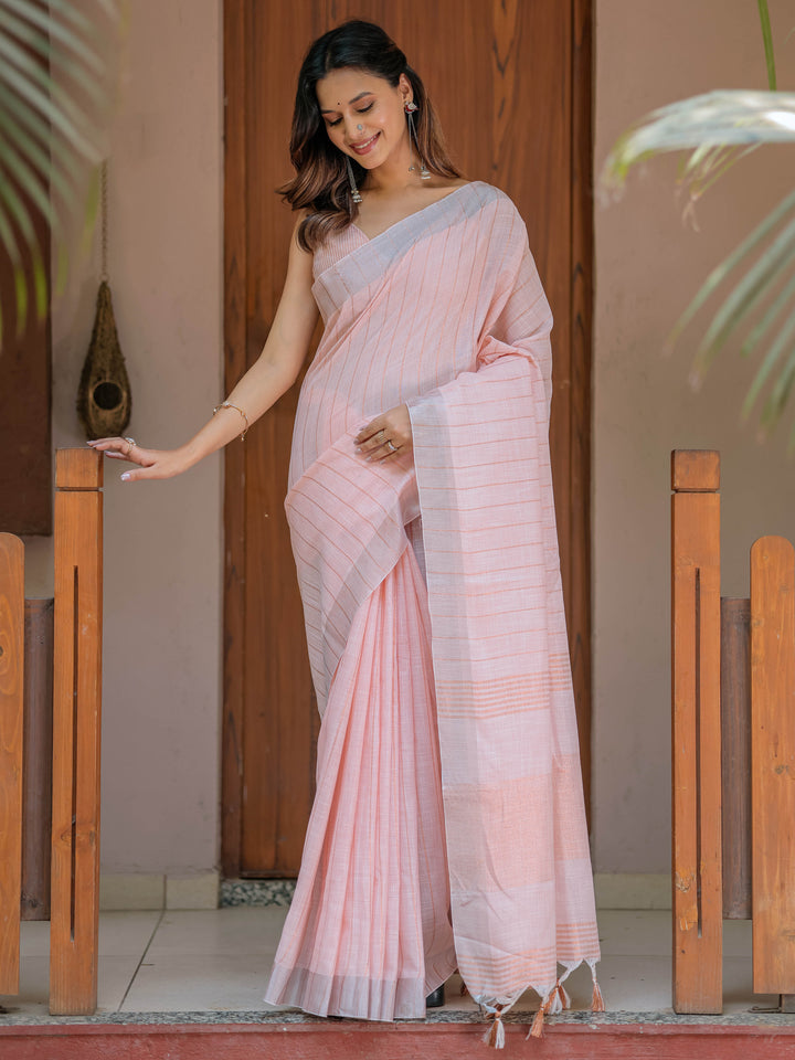 Soft Baby Pink Handloom Cotton Saree with Silver Border & Tassel Detailing