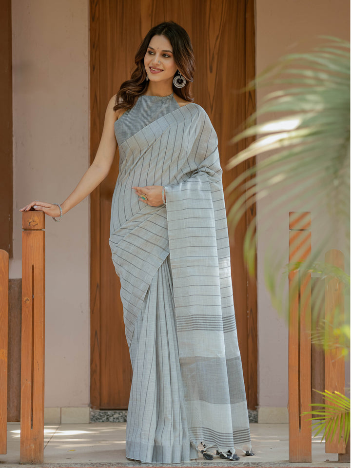 Elegant Ash Grey Handloom Cotton Saree with Minimal Striped Weaving & Tassel Detailing
