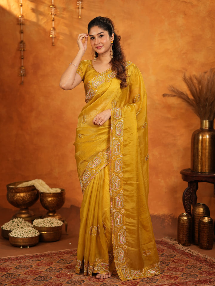 Mustard Yellow Fendy Satin Embroidered Saree with Geometric Border & Rich Designer Pallu | Festive Wedding Wear Saree with Blouse
