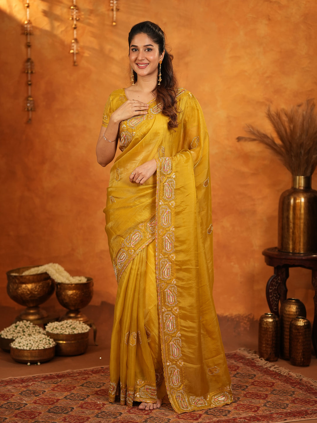 Mustard Yellow Fendy Satin Embroidered Saree with Geometric Border & Rich Designer Pallu | Festive Wedding Wear Saree with Blouse