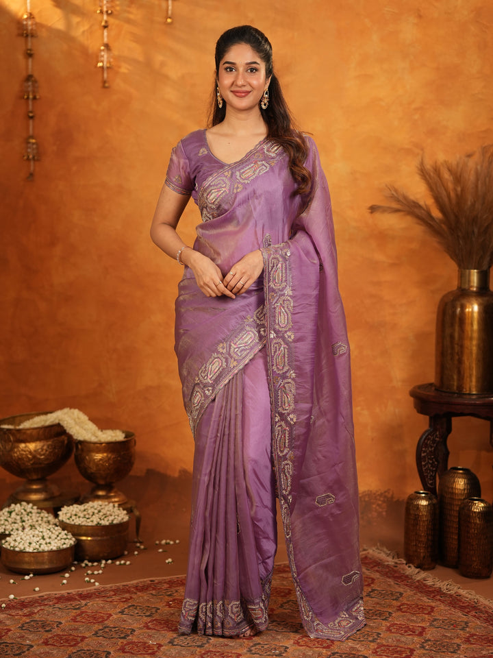 Lavender Purple Fendy Satin Embroidered Saree with Geometric Border & Elegant Designer Pallu | Festive & Wedding Wear Saree with Blouse