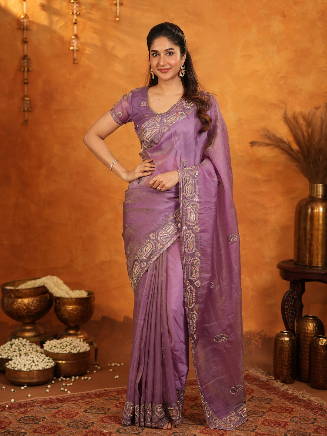 Lavender Purple Fendy Satin Embroidered Saree with Geometric Border & Elegant Designer Pallu | Festive & Wedding Wear Saree with Blouse