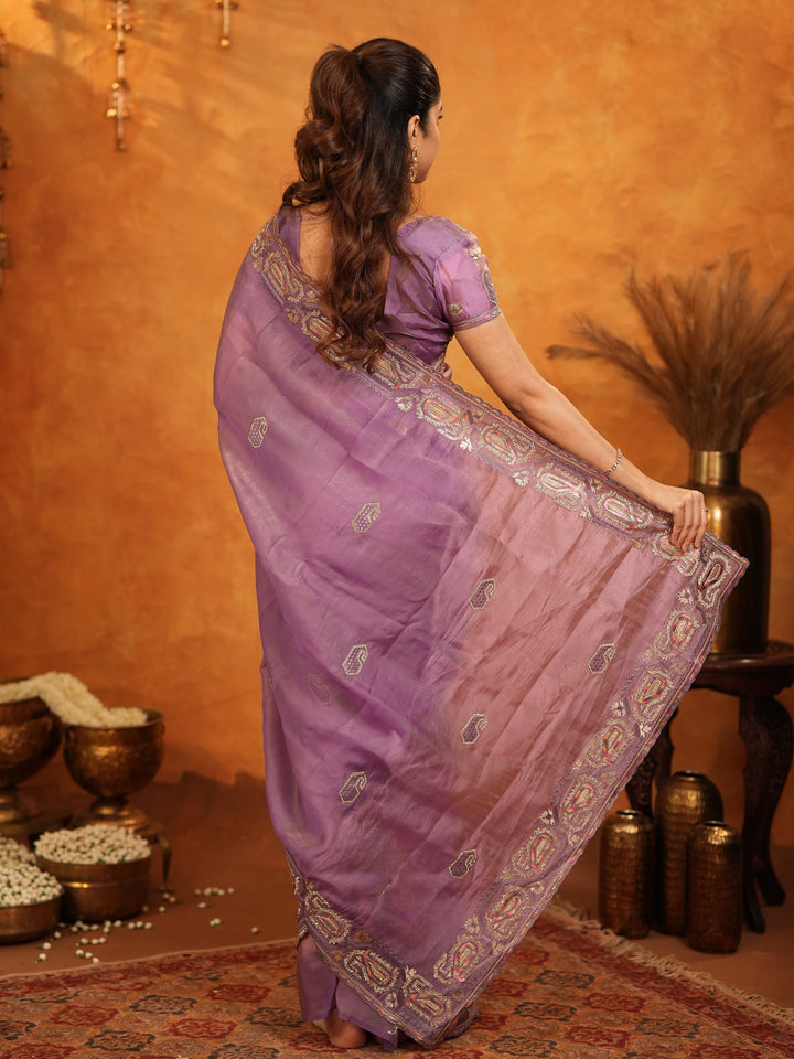 Lavender Purple Fendy Satin Embroidered Saree with Geometric Border & Elegant Designer Pallu | Festive & Wedding Wear Saree with Blouse