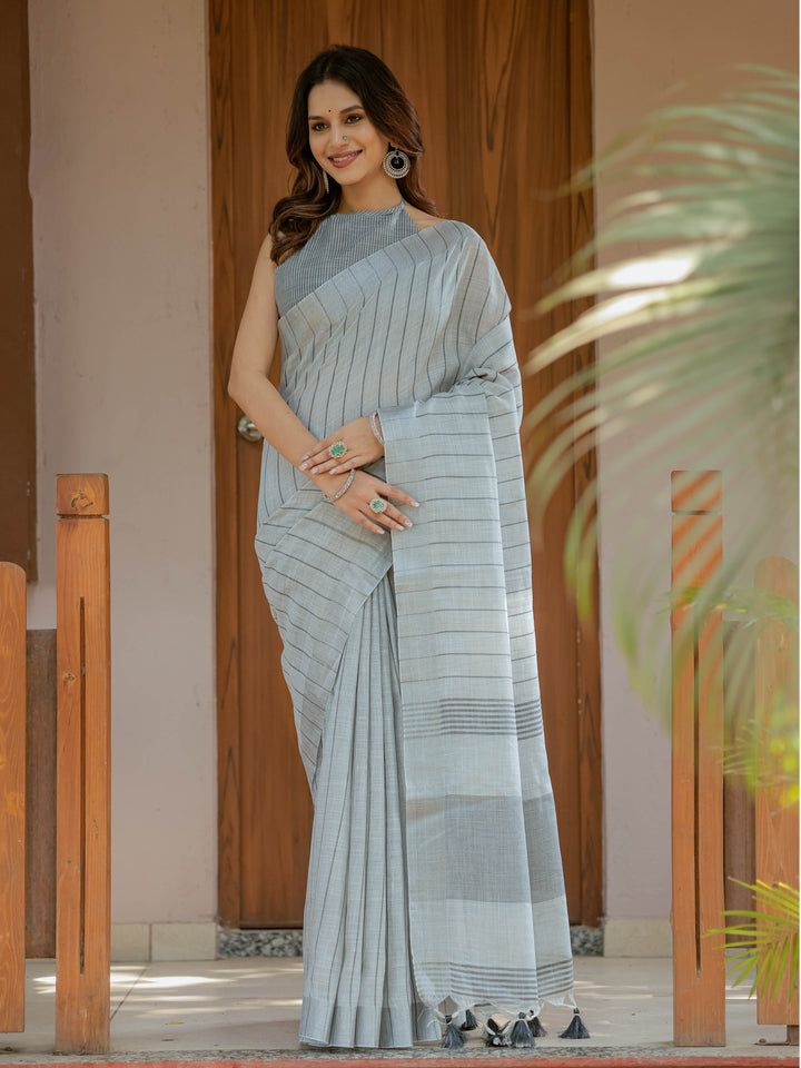 Elegant Ash Grey Handloom Cotton Saree with Minimal Striped Weaving & Tassel Detailing