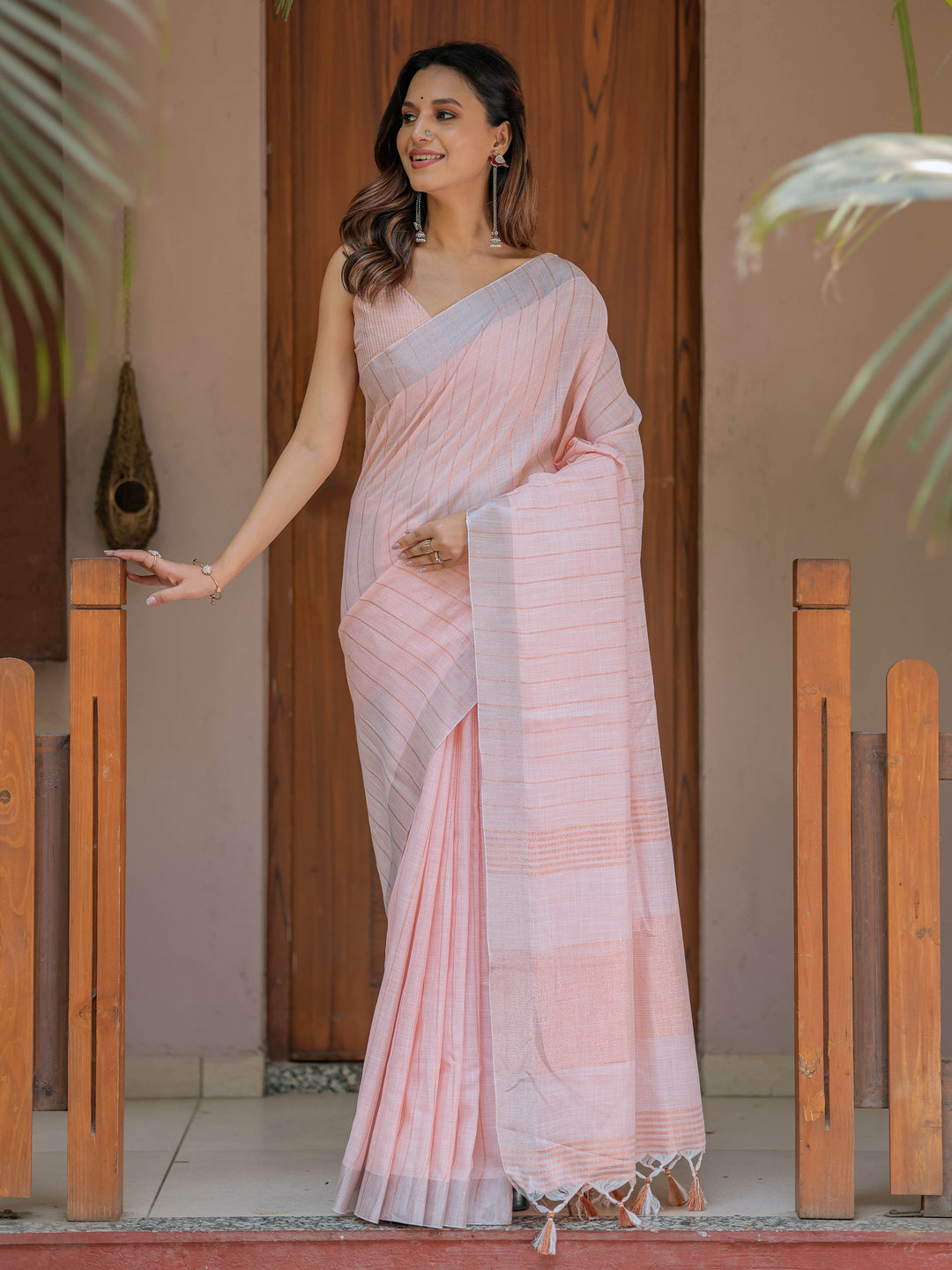 Soft Baby Pink Handloom Cotton Saree with Silver Border & Tassel Detailing