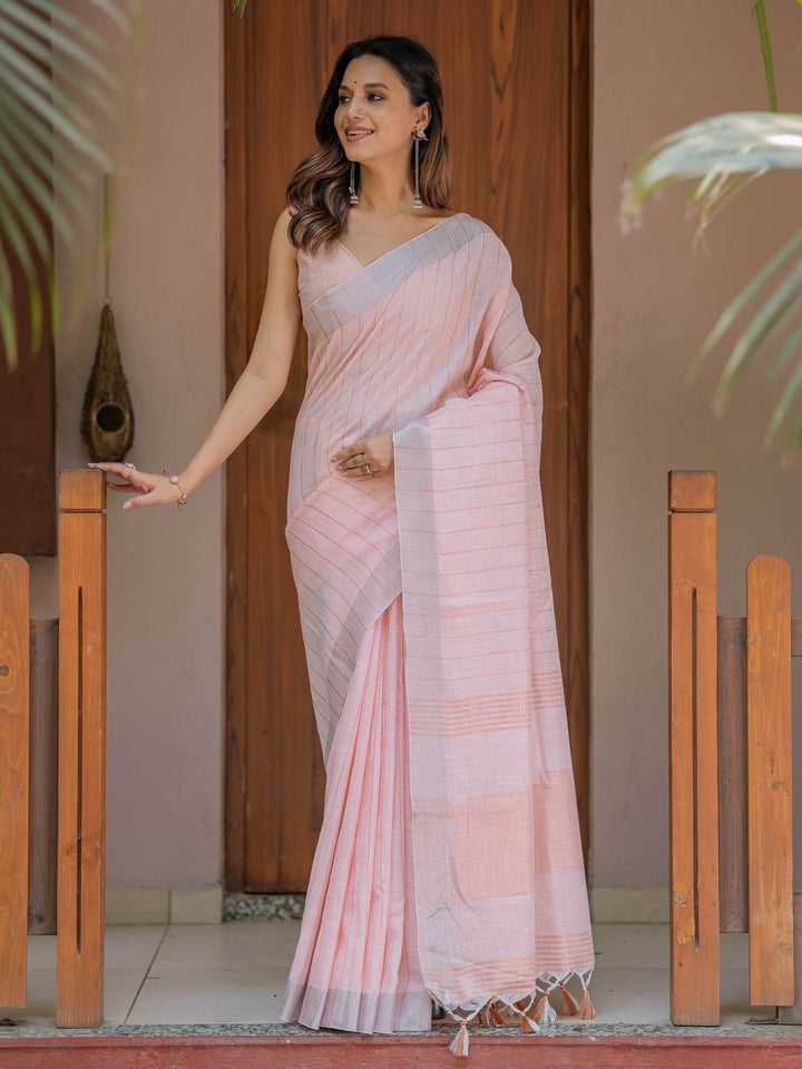 Soft Baby Pink Handloom Cotton Saree with Silver Border & Tassel Detailing