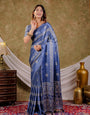 Cornflower Blue Pure Chinnon Ajrakh Printed Saree with Tassel Edges, Traditional Ethnic Print & Matching Blouse Piece