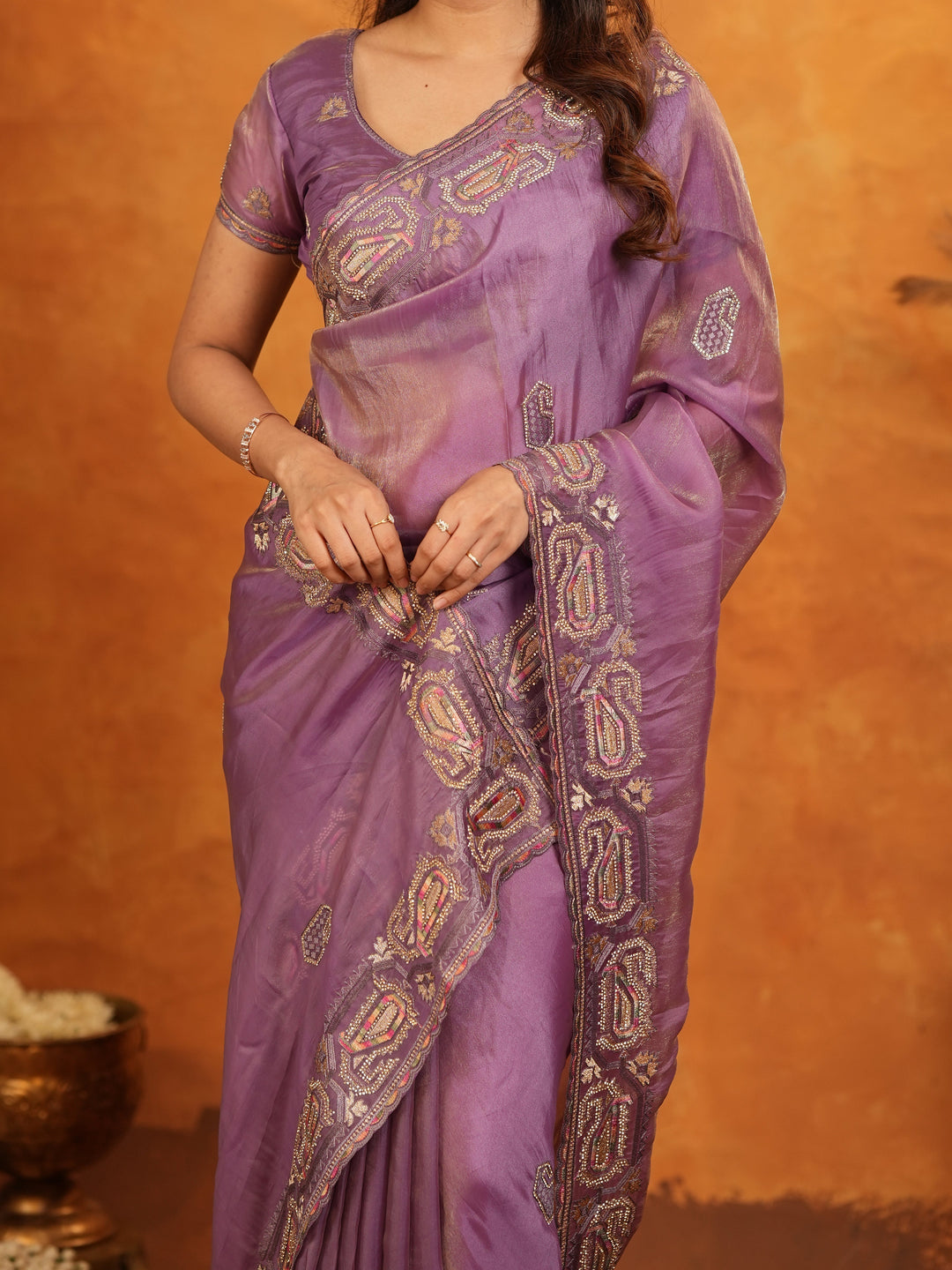 Lavender Purple Fendy Satin Embroidered Saree with Geometric Border & Elegant Designer Pallu | Festive & Wedding Wear Saree with Blouse