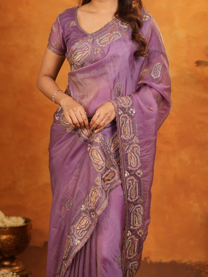 Lavender Purple Fendy Satin Embroidered Saree with Geometric Border & Elegant Designer Pallu | Festive & Wedding Wear Saree with Blouse