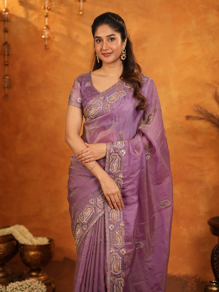 Lavender Purple Fendy Satin Embroidered Saree with Geometric Border & Elegant Designer Pallu | Festive & Wedding Wear Saree with Blouse