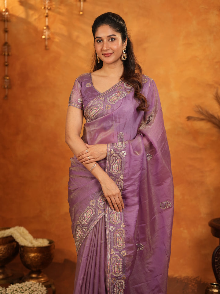 Lavender Purple Fendy Satin Embroidered Saree with Geometric Border & Elegant Designer Pallu | Festive & Wedding Wear Saree with Blouse