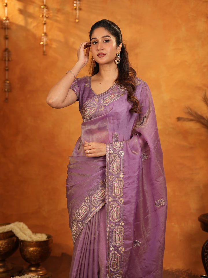 Lavender Purple Fendy Satin Embroidered Saree with Geometric Border & Elegant Designer Pallu | Festive & Wedding Wear Saree with Blouse
